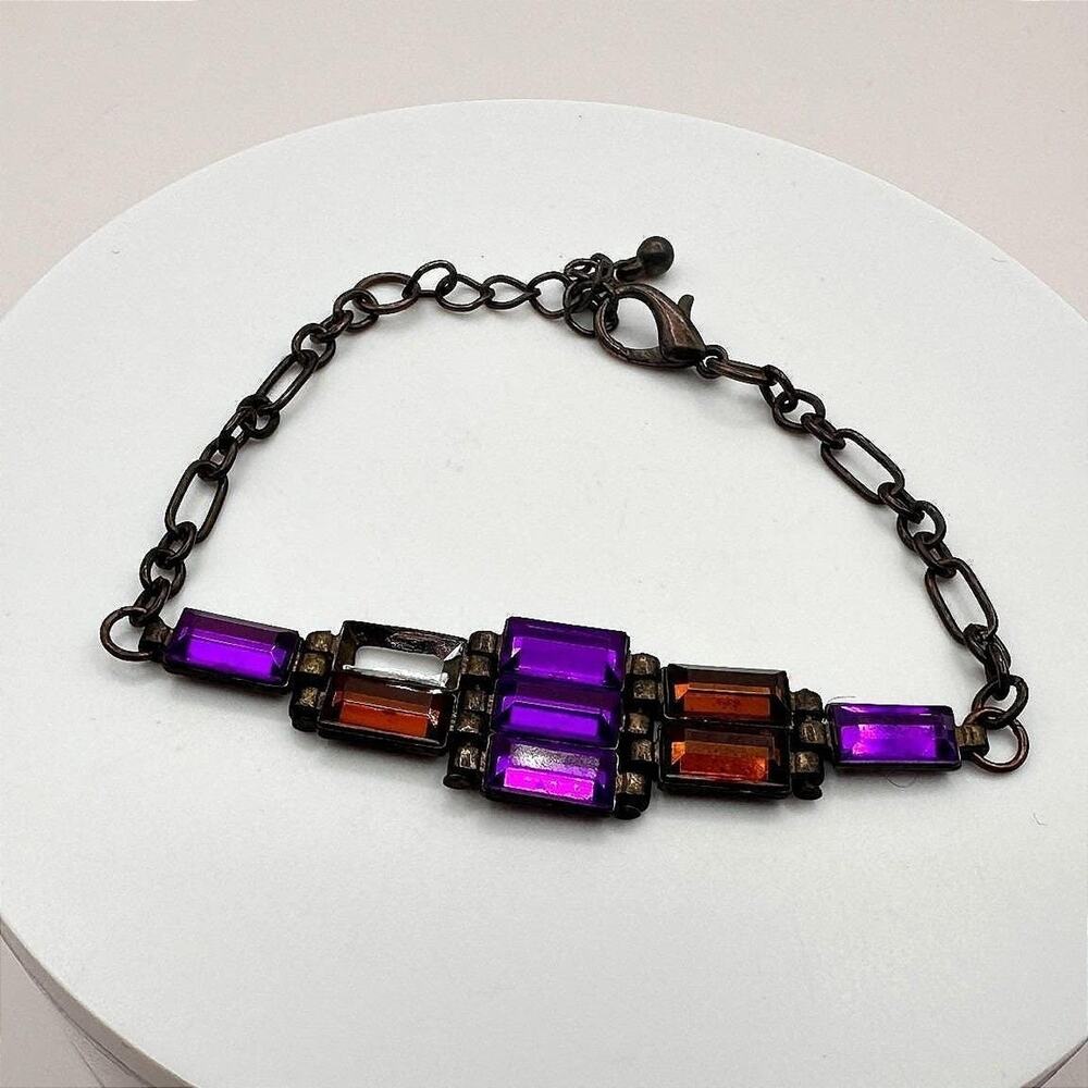 Vintage 90s Purple & Amber Glass Bracelet Antique Bronze Tone Boho Statement